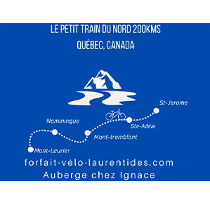 Illustration du trajet de la piste cyclable Le P'tit Train du Nord, qui fait 200 km, avec une mention en partenariat avec l'Auberge Chez Ignace.